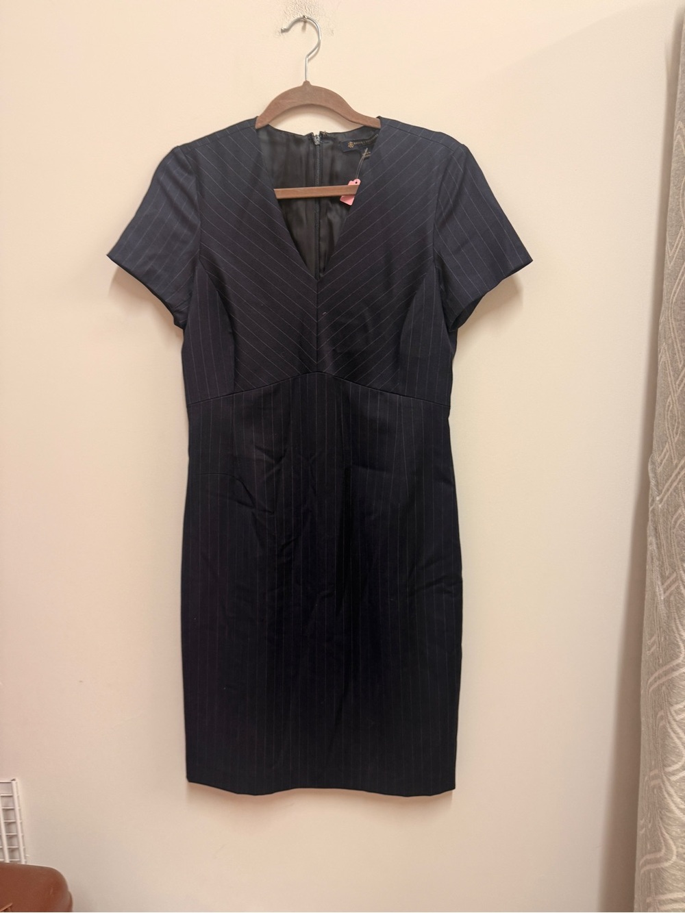 Brooks Brothers Navy Pinstripe V-Neck Sheath Dress
